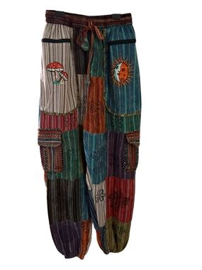 Boho Patchwork Harem Pants - Multicolor Sun & Mushroom Embroidery- Unisex
